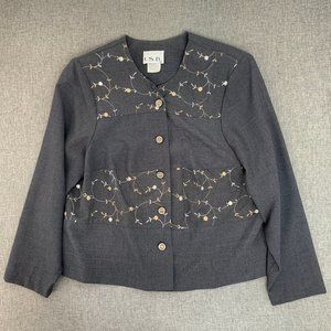 I.S.B. inc Vintage Gray Button Down Jacket 18W Shoulder‎ Pads Beautiful Floral
